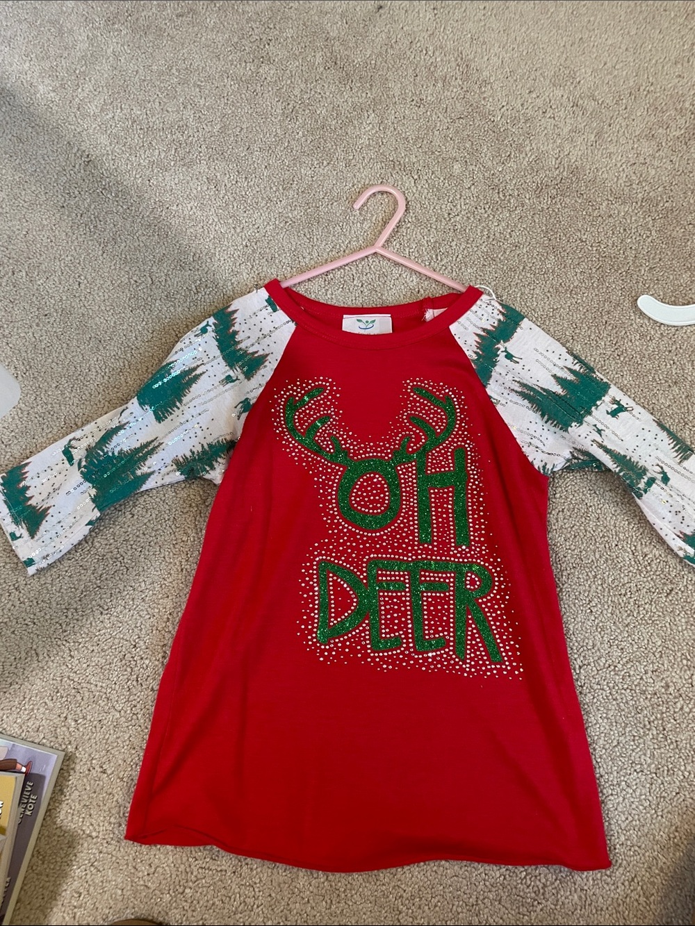 Red "Oh Deer" Holiday Tunic with Green Accent